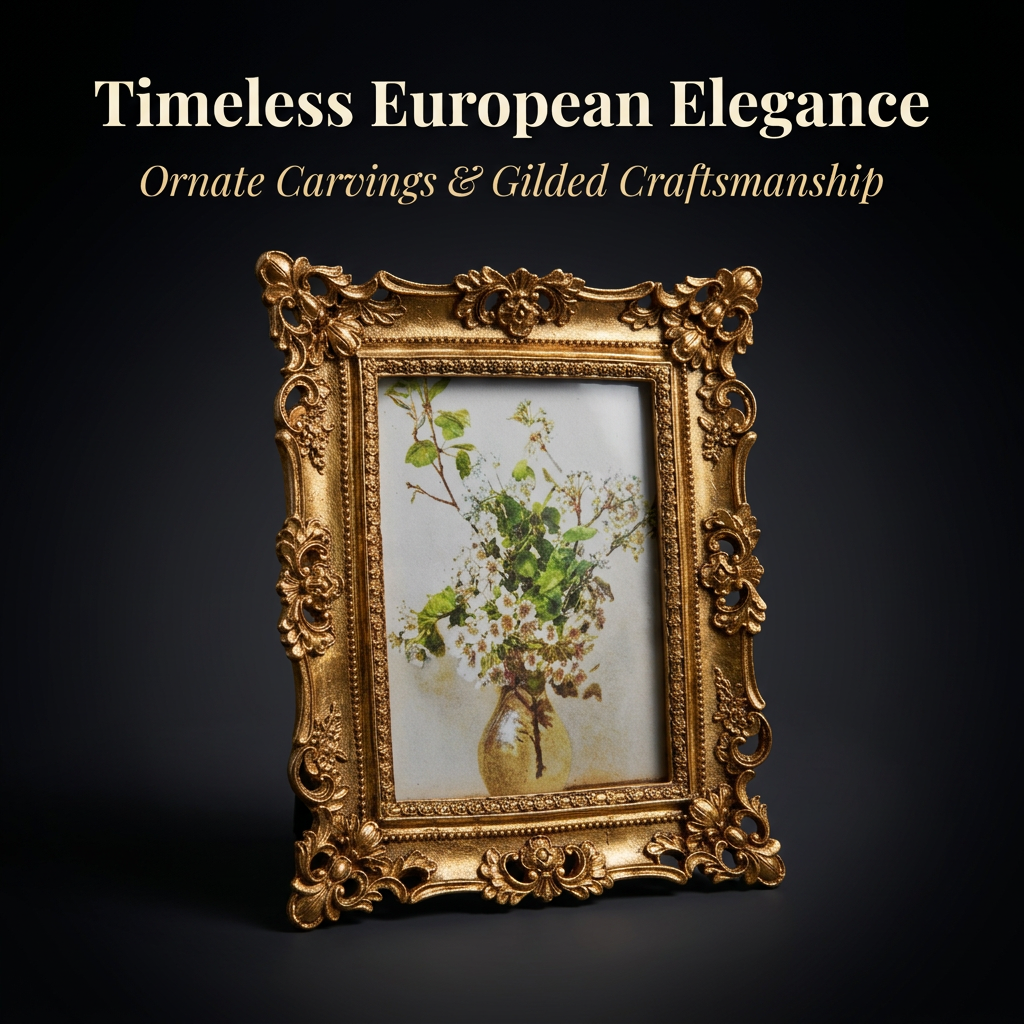 Ornate Gold Resin Photo Frame, European Picture Frame, Embossed Floral Design, Romantic Bedroom Decor, Tabletop Display, Handmade Detail
