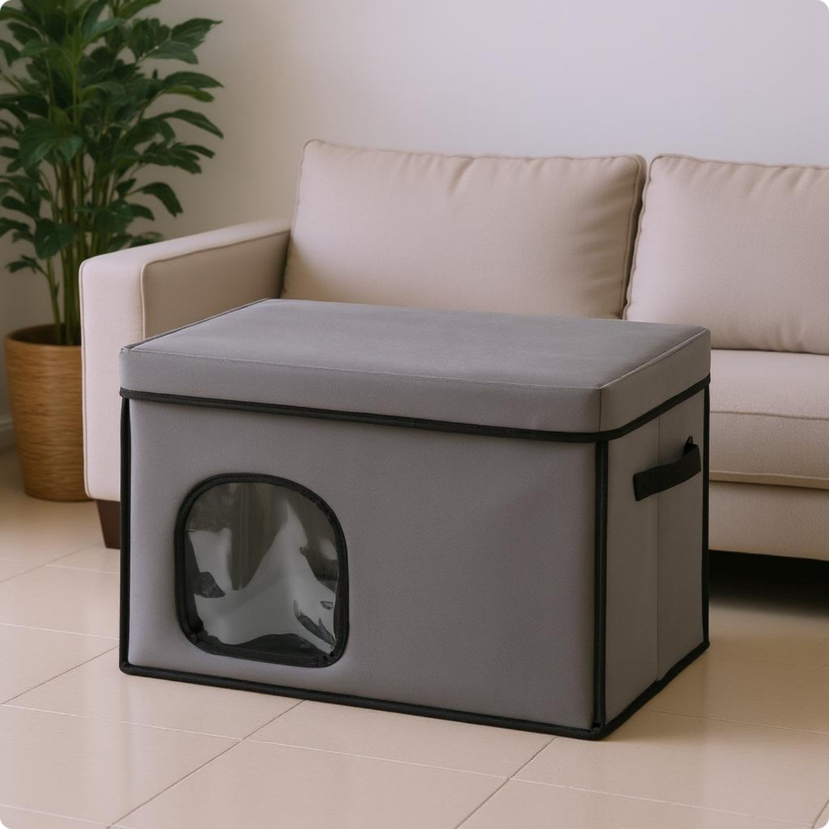 Light Gray Collapsible Pet House Transparent Panel Indoor Pet Shelter Padded Top Foldable Feline Shelter Textile-Covered