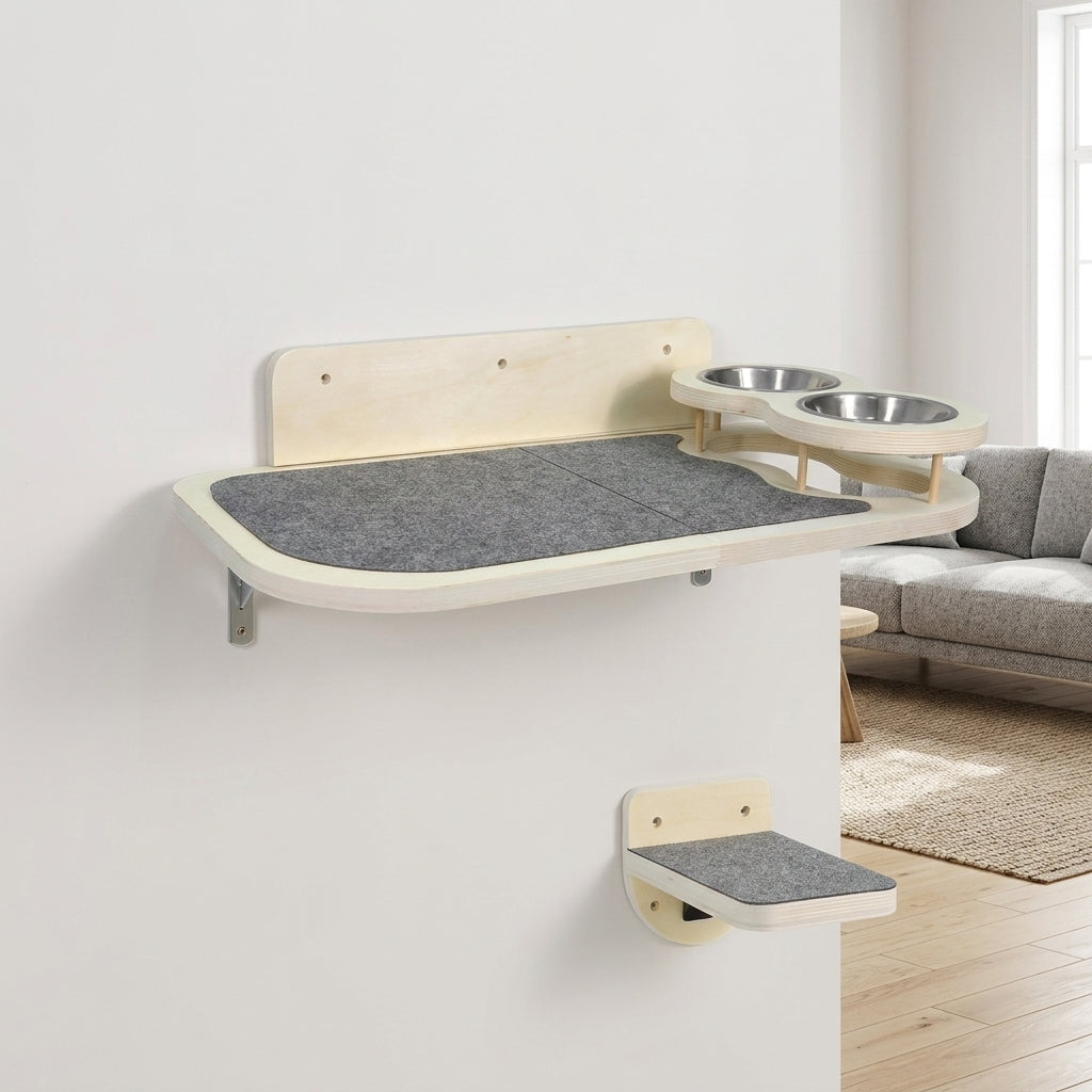 Cat Hammock and Shelf with Feeder, Wall-Mounted Wood Bed for Indoor Cats, Minimalist Style Single-Piece Climbing Sleeping Station