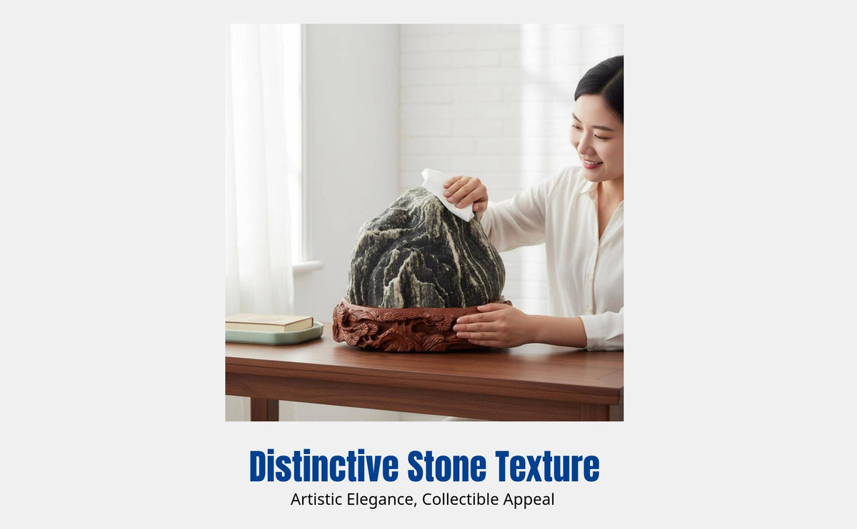 Representative natural patterned stone on a carved display base