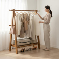 Solid Wood Freestanding Coat Rack with Shelf Side Hooks Triangular-Frame Clothes Rack Space-Saving Home Furniture for Bedroom, Entryway