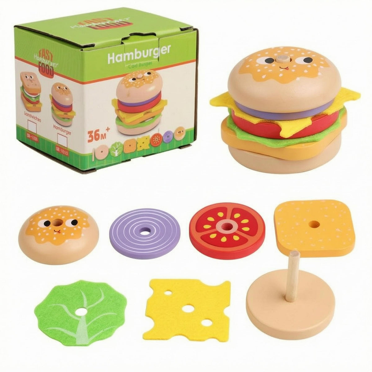 Stackable Wooden Burger Toy Smooth Edges Wooden Hamburger Toy Cartoon-Style Pretend-Play Burger Colorful for Early Learning