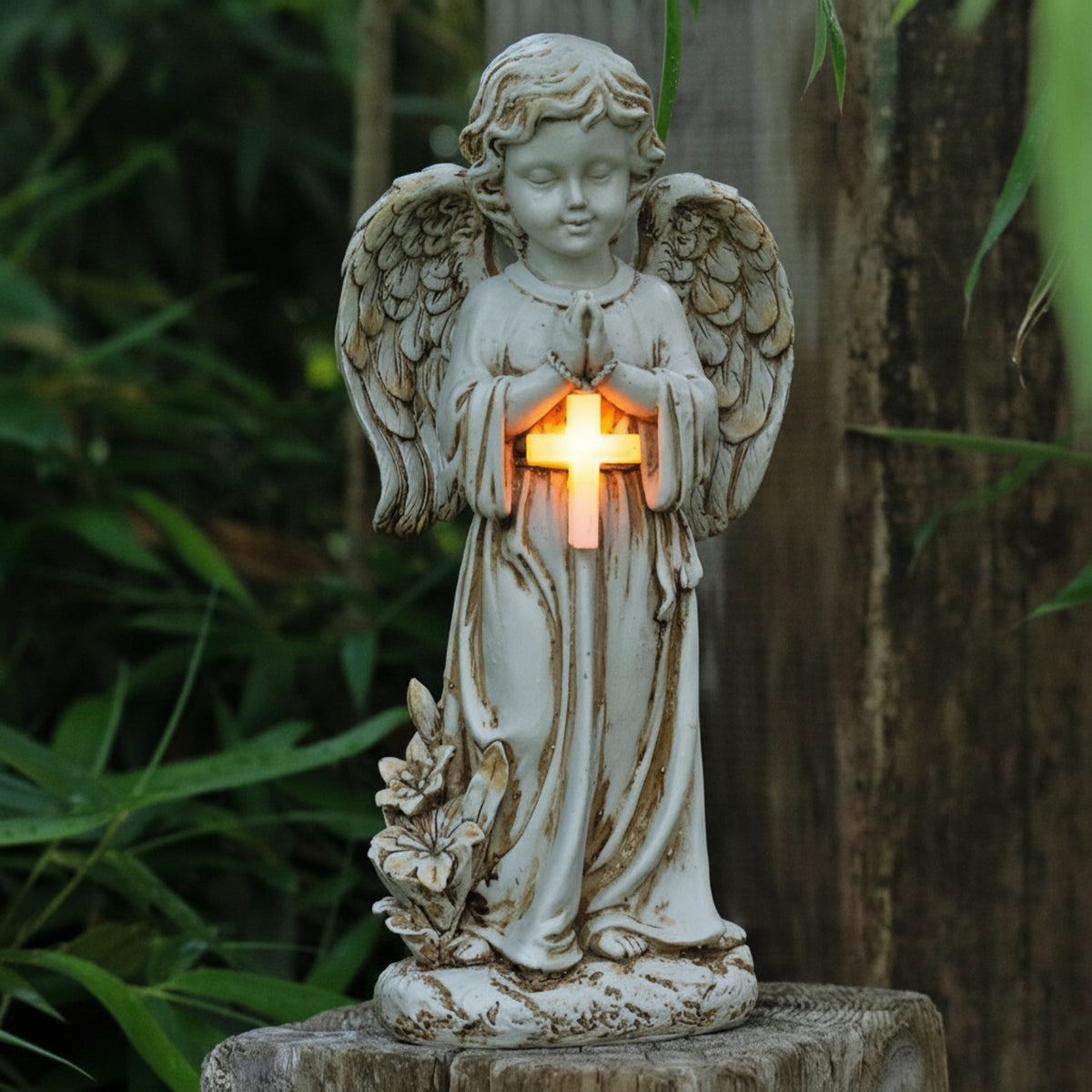 Angel Figurine with Cross Lighted Figurina Dell'angelo Con Croce Illuminated Statua Dell'angelo Con Luce for Garden, Patio, Burial Site