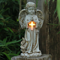Angel Figurine with Cross Lighted Figurina Dell'angelo Con Croce Illuminated Statua Dell'angelo Con Luce for Garden, Patio, Burial Site