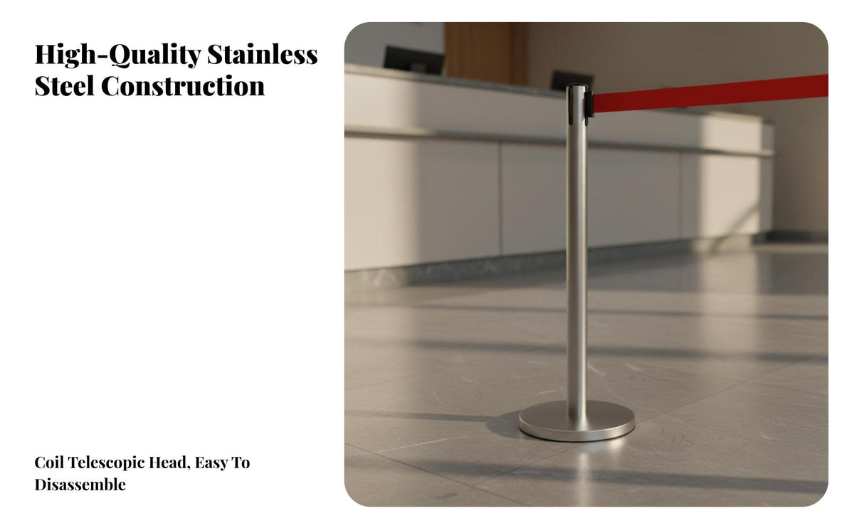 Stainless Steel Queue Pole Heavy-Duty Base Retractable Belt Stanchion Easy Installation Crowd Control Post with Belt for Venue Managers, Banks, Hotels
