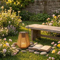 Open Slatted Solar Hanging Lantern Metal Frame Solar Rattan Lantern Arched Handle Wireless for Garden, Yard, Campsite, Balcony