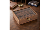 Walnut Watch Box with Glass Lid 10-Slot Watch Display Box Clear Storage Holder Sturdy for Dresser