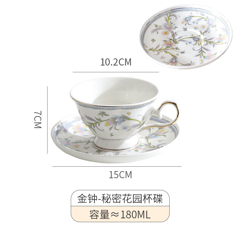Secret Garden floral teacup and saucer with supplier dimensions