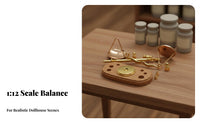 Realistic Design Miniature Balance Scale Metal Construction 1:12 Scale Weighing Model Wooden Base Toy Accessory Gold Finish for Collectors, Hobbyists, Kids, Miniature Scene, Office