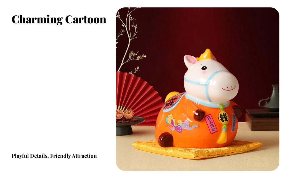 Auspicious Ceramic Horse Piggy Bank Housewarming Gift Good Luck Horse Ornament for Children, Living Room, Entrance Hall, Desktop