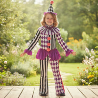 Clown Costume with Hat Ruffled Clown Costume Striped Outfit for Halloween, Cosplay, Stage Performance