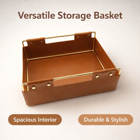 Storage Baskets for Office Desk with Rose Gold Metal Frame and Leather Base, Organizer with Built-In Handle, Decorative Wire