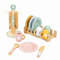 33 Pieces Pastel Accents Wooden Tableware Set Storage Display Pretend Kitchen Accessories Polished Edges Play Plates and Cups Realistic for Children