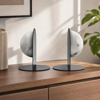 Round Bookends with Marble Orb Sculptural Marble Bookends with Metal Base Modern Bookend Set for Readers, Bookshelf, Office, Reading Quiet Area