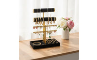 Three-Tier Jewelry Display Stand Tabletop Jewelry Organizer with Tray Gold-Tone Earring Holder Tangleuntangled for Women, Teens, Vanity, Dresser, Bedroom