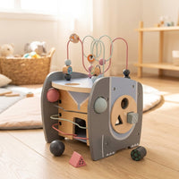 26cm Wooden Motor Skills Cube, Busy Board for Ages 1+ with Bead Maze, Motor Skills Toy for Toddlers, Educational Animal Activity Cube