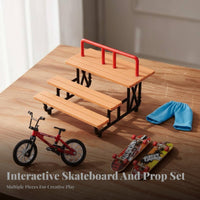 Alloy Trucks Finger Bike and Skateboard Playset Wood Grain Finish Mini Skatepark Kit Grip Tape Deck for Teenagers, Hobbyists, Tabletop, Desk