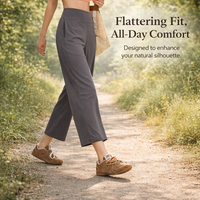 Wide Leg Trousers for Women with High Waist and Elastic Waistband, Cropped Pants in Stretch Nylon, Casual Gym Workout