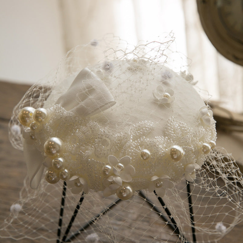French British Style Pearl Mini Hat with Bow for Evening Gown Wedding Dress Photo Shoot
