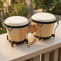 Natural Wood Bongo Drum with Wooden Bridge Hand-Played Bongo Drum Acoustic Percussion Instruments Tunable for Beginners, Classroom