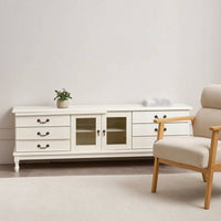 TV Cabinet with Glass Doors Sturdy TV Stand with Glass Doors Three-Tier Wooden Entertainment Center for Living Room, Small Apartment