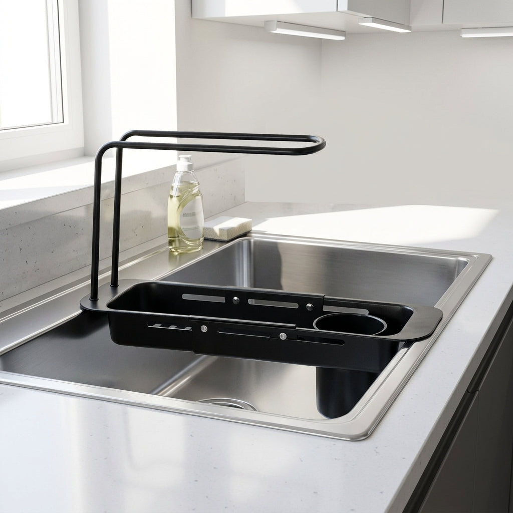 Dish Rack and Dish Drainer with Sink Strainer, Stainless Steel Extendable Utensil Holder, Space Saving Kitchen Sink Organizer with Towel Bar