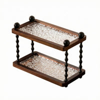 Dark Brown Two-Tier Storage Rack Textured Tabletop Tray Rack Twisted Posts Wooden Tray Organizer Clear for Desk, Vanity, Entryway