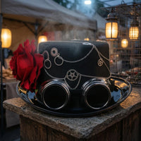 Black Steampunk Top Hat Silver-Tone Chain Top Hat with Goggles Wide Brim
