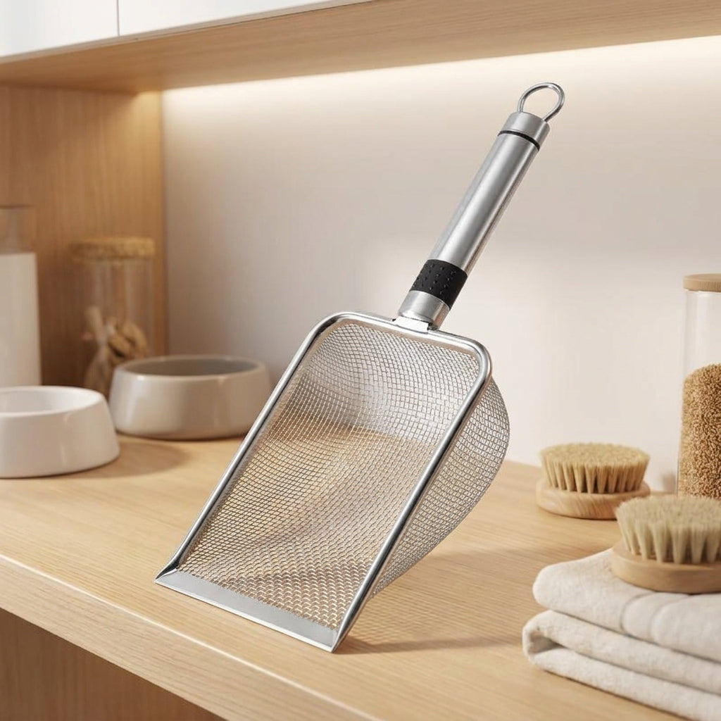 Cat Litter Sifter and Metal Sifter with Stand, Fine-Hole Litter Sifter with Stainless Steel Handle, Pet Litter Cleaning Tool Gift