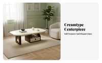 2 Pieces French Cream aesthetic Pebble-Shaped Table pair Built-in Light Living Room Furniture With Storage Drawer Accent Tables Artistic Design for Apartment Dwellers, Homeowners, Students, Small Spaces, Lounge Area, Office, Study