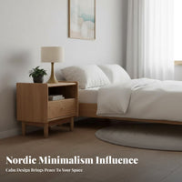 Nordic Design Nightstand with Rattan Drawer Minimalist Aesthetic Rattan Drawer Bedside Cabinet Japanese aesthetic End Table sturdy Wood Legs for Apartment Dwellers, Homeowners, Students, Bedroom, Small Spaces, Dorm Room, Home Office
