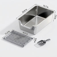 Cat Toilet Stainless Steel Litter Tray, Semi-Enclosed Extra Large Litter Pan for Big Cats, Easy Clean Non Sticky High Entry Side Metal Basin