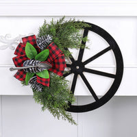 Outdoor Pinecone Wreath with Plaid Bow Rustic Wagon Wheel Wreath Farmhouse Design Christmas Wagon Wheel Decor Evergreen Cones for Entryway, Courtyard