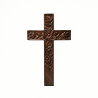 Cross with Floral Relief Freestanding Carved Wood Cross Rustic for Tabletop