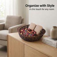 Woven Wicker Basket with Wooden Handles for Storage and Serving, Polypropylene Imitation Rattan Hamper for Gifts, Lightweight Organizer