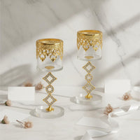 2 Pieces Hollow-Carved Design Crystal Metal Candle Holder Set Rhinestone Pillar Candle Stand for Wedding, Living Room, Party