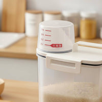 Moisture-Proof Rice Storage Bin with Measuring Cup Clear Visibility Airtight Grain Container Mess-Messless Pouring for Kitchen Cabinet