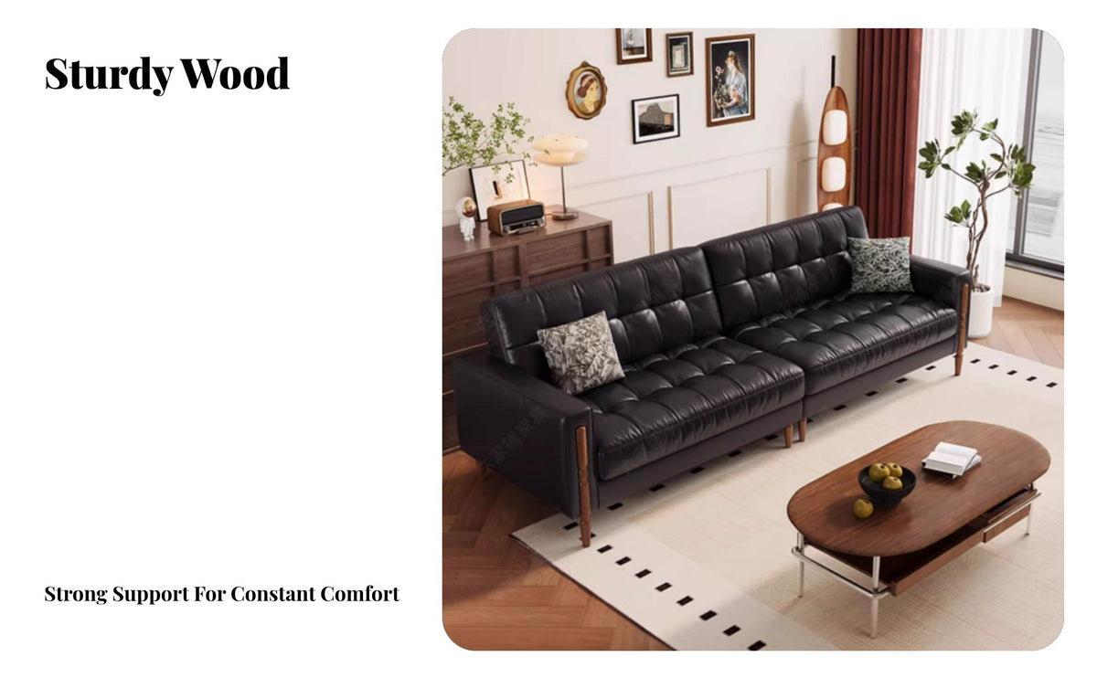 Genuine Leather plush Black Settee Vintage Inspired Sofa Modern Minimalist Design Couch firm density Foam Padding for Homeowners, Adults, Office Workers, Home, Lounge Area, Bedroom