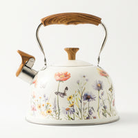 Floral Whistling Tea Kettle Wood-Grain Tea Kettle with Flip-up Spout Cottage-Style Fast-Boiling for Kitchen