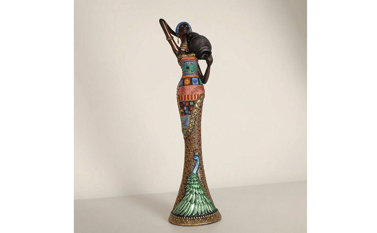Gold-Tone African Woman Statue Tabletop African Woman Figurine Tall Figurine with Peacock Motif Artisan-Made for Living Room, Entryway, Bookshelf