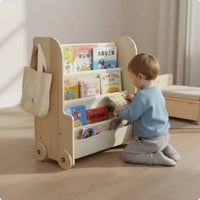 Easy to Move Mobile Children's Reading Shelf Child-Friendly Design Rolling Book Shelf Space Saving Kids Bookshelf Sturdy for Playroom, Nursery