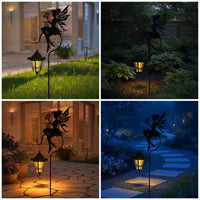Outdoor Solar Fairy Stake with Lantern Whimsical Metal Fairy Silhouette Light Rust-Resistant Solar Stake Light with Lantern Warm White for Pathway