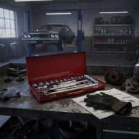 Automotive Socket Set with Metal Case Organized Ratchet and Socket Set Compact Mechanics Tool Kit with Case for Garage, Roadside Emergency