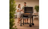Briquette Grill with Warming Rack Adjustable Height Briquette Grill with Wheels Enamel-Treated Barbecue with Warming Rack for Backyard Cooks