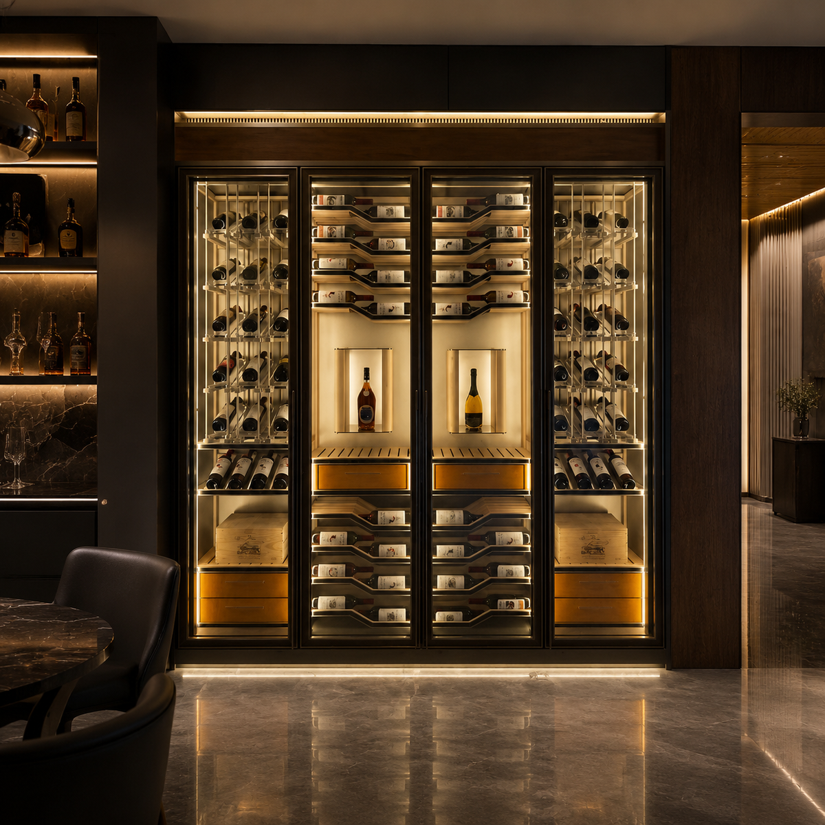 Stainless Steel Wine Cooler for 79 Bottles, Freestanding with Glass Door and LED Lighting, Low Vibration, Brushed Champagne Gold