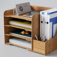 Desk Storage Organizer for Office Supplies, Multi-Tier Wooden File Rack for A4 Documents, Desktop Organiser Letter Tray for Students
