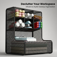 3 Tier Metal Mesh Pen Organiser for Desk, Office Desktop Organizer with Angled Stand, Carbon Steel Workspace Organization