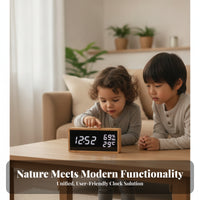 Humidity Display Bamboo Alarm Clock Battery Backup Desktop Alarm Clock USB Charging Home Gadget Dimmable