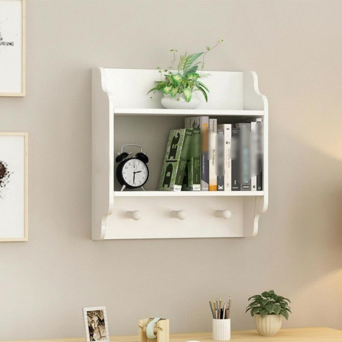 Nordic Design Exposed Shelving Unit With Hooks Wall-Mounted Cubby Shelf Space-Saving Bookshelf Multifunctional for Homeowners, Students, Office Workers, Living Room, Bedroom