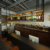 Industrial Style Wall Mounted Iron Wine Rack with Glass Holder and Hanging Light for Bar Counter